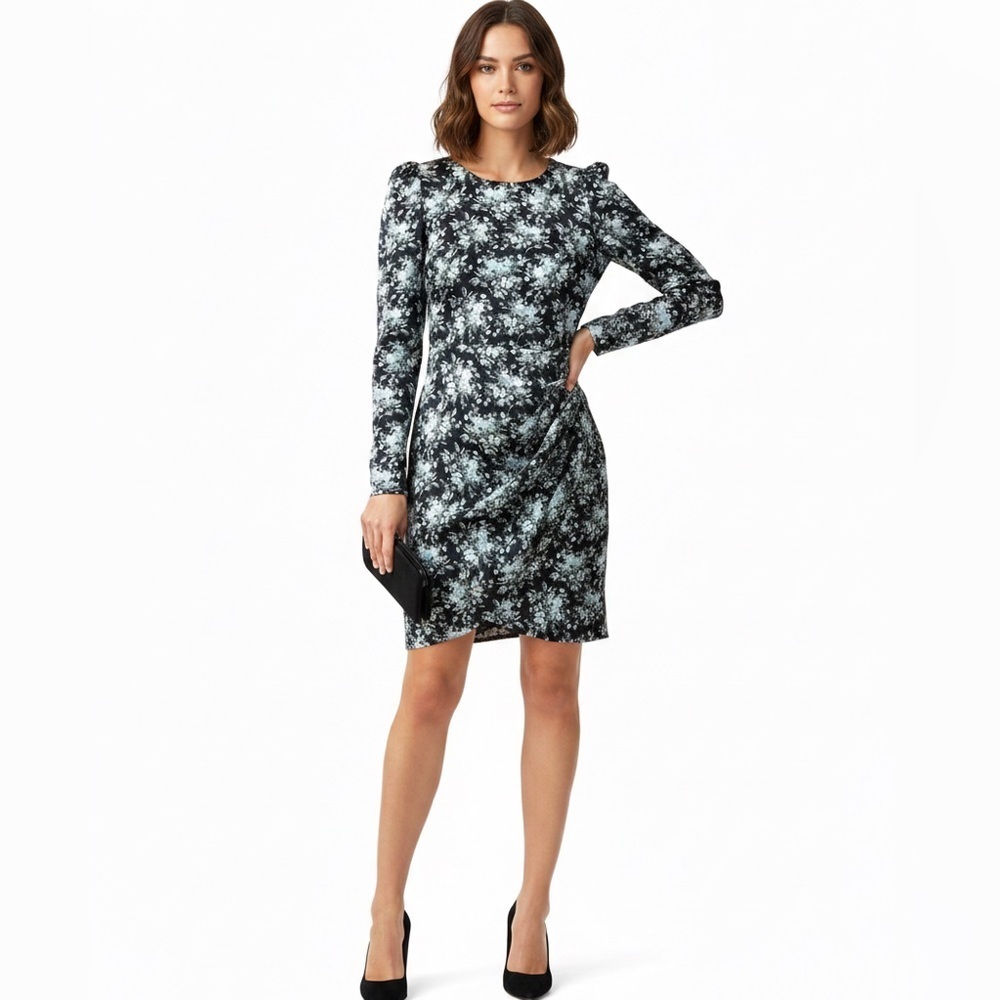 CLUB MONACO 100% Silk, Amelda black floral print faux wrap silk mini dress, 6